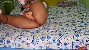 Asian teen intensely fucks pussy with dildo while Tinder date plays with feet