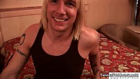 Cute blonde twink gets naked for hardcore gay blowjob and sex