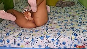 Asian teen intensely fucks pussy with dildo while Tinder date plays with feet