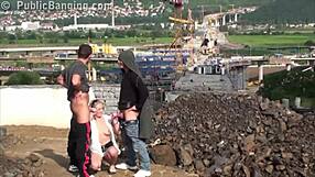 young blonde cutie public sex gng bang threesome with 2 guys with big dicks