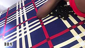 Amateur ebony girl sucks and fucks monster BBC in red booty shorts