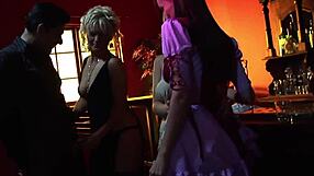 Lucky dude enjoys his hard cock sucked and ridden by three sexy brunettes in stockings