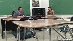 Teen slut fucks teacher for better grades in classroom. Hardcore brunette action unfolds!