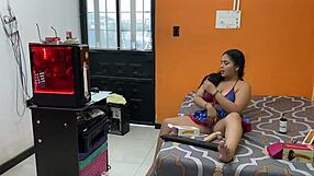 Pretty black beauty gets nailed in hot cowgirl action