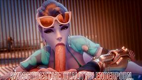 widow deepthroats cock on the beach, swallowing every drop with big tits and ass