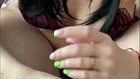 sweet brunette licks and fingers dick close up