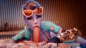 widow deepthroats cock on the beach, swallowing every drop with big tits and ass