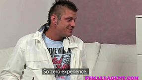 shy gay stud begs for help from mature female agent on sofa