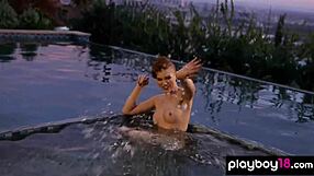 Classy Britt Linn, strip off that lingerie and swim naked outdoors! Show those natural tits!