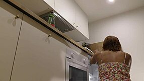 Hot redhead latina wife teases in kitchen without panties, showing big ass and pussy in summer dress.