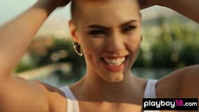 Classy Britt Linn, strip off that lingerie and swim naked outdoors! Show those natural tits!