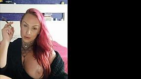 sensual tattooed wife smoking and teasing big natural tits on webcam