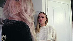 blonde lesbian couple kissing with saliva and tattoos reaching orgasm