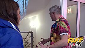 Busty brunette feels deep lust during oral in fake hostel.