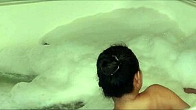 Intense handjob and cum on shaved pussy with big natural tits