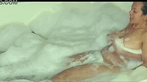 Intense handjob and cum on shaved pussy with big natural tits