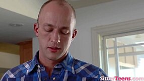 the diminutive brunette babysitter starts by sucking cock, then gets bent over for doggystyle fucking