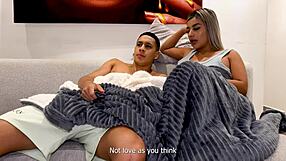 milf stepmother ebony fucks stepdaughter's boyfriend in interracial threesome, pussy full of cum.