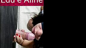 aline sucks and takes cumshot in mouth at gloryhole while cuckold watches