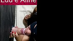 aline sucks and takes cumshot in mouth at gloryhole while cuckold watches