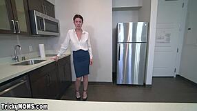 Short-haired MILF stepmom Olive Glass gets fed by stepson from behind.