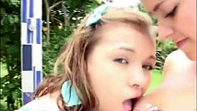 Selina 18 explores lesbian lover's body, fingering pussy by the poolside.