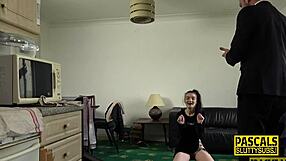 Skinny submissive woman bound in bondage deep throats her master