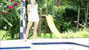 Selina 18 explores lesbian lover's body, fingering pussy by the poolside.