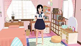 Asian schoolgirl in sailor uniform poses in her room
