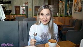 Letty Black wears remote vibrator in panties during crowded cafe outing. Petite teen enjoys public tease.