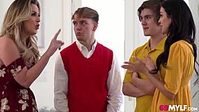 Blonde cougars Jamie Michelle and Kayla Paige engage in hardcore jealousy swap with doggystyle, bent over, cowgirl positions, and big boobs on display