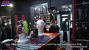 A three woman and one man scene in a gay shop