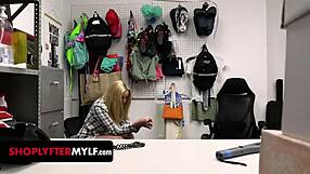 Hey, that milf shoplifter is getting fingered in the backroom by a huge cock for her naughty theft