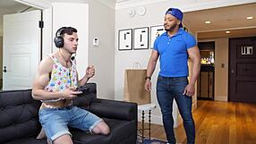 Gay delivery driver gets tipped with a tight anal sex by a Manroyale gamer twink