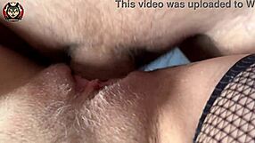 Bold Housewife's Juicy Cum-Covered Pussy In Fishnets Close-Up.