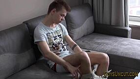 Uncut Hunk Feels Intense Pleasure Stroking His Dick Solo to Cumshot!