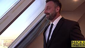 Watch the submissive blonde jerk that cock with cum in mind