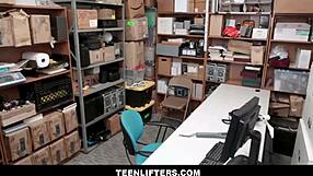 skinny shoplifter kenzi ryans makes sex deal with officer at work, stripping and blowing his cock in office taboo arrangement.