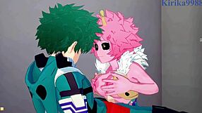 Mina ashido and momo yaoyorozu intensely fuck izuku midoriya in my hero academia hentai