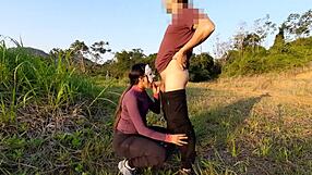 Latina teen gives anal blowjob and creampie in the woods