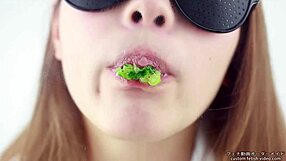 Asian women enjoy making sounds while eating cucumbers