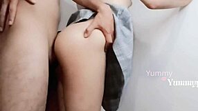 Secretly fucking stepsister in school uniform while stepmother is away, a risky homemade adventure.