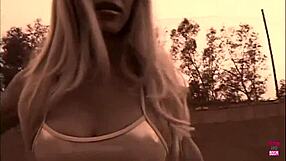 blonde bimbo with fake big tits drilled hard by two huge cocks