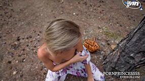 Hot Blonde's Emotional Outdoor Sex in Forest Lingerie with Deepthroat and Cum