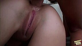 Big tits homemade brunette gets double team on sofa
