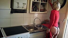 mother-in-law cleans in lingerie