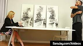 Big-chested blonde Sara Jay seduces her Latino worker and gives him a deep blow job