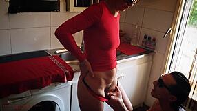 mother-in-law cleans in lingerie