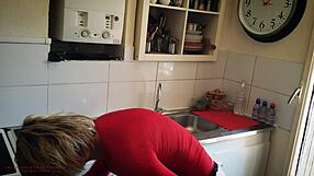 mother-in-law cleans in lingerie