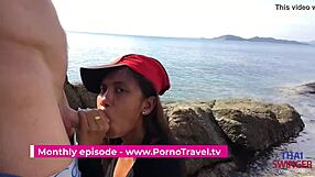 In the great outdoors, a petite girl with natural tits gives a blowjob to her partner